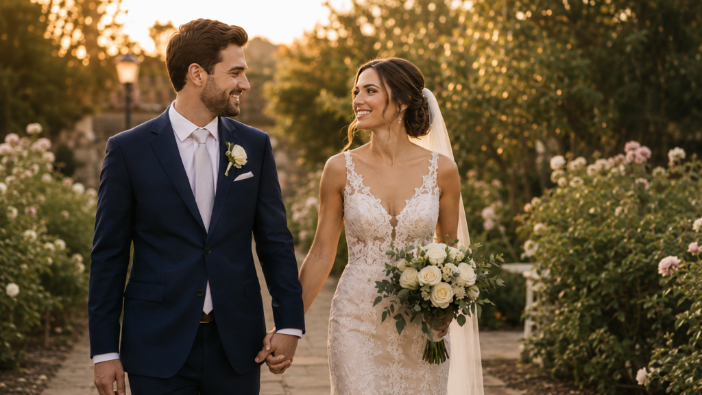 Couple de mariés préparant leur cérémonie de mariage dans un jardin romantique avec lumière naturelle et ambiance élégante