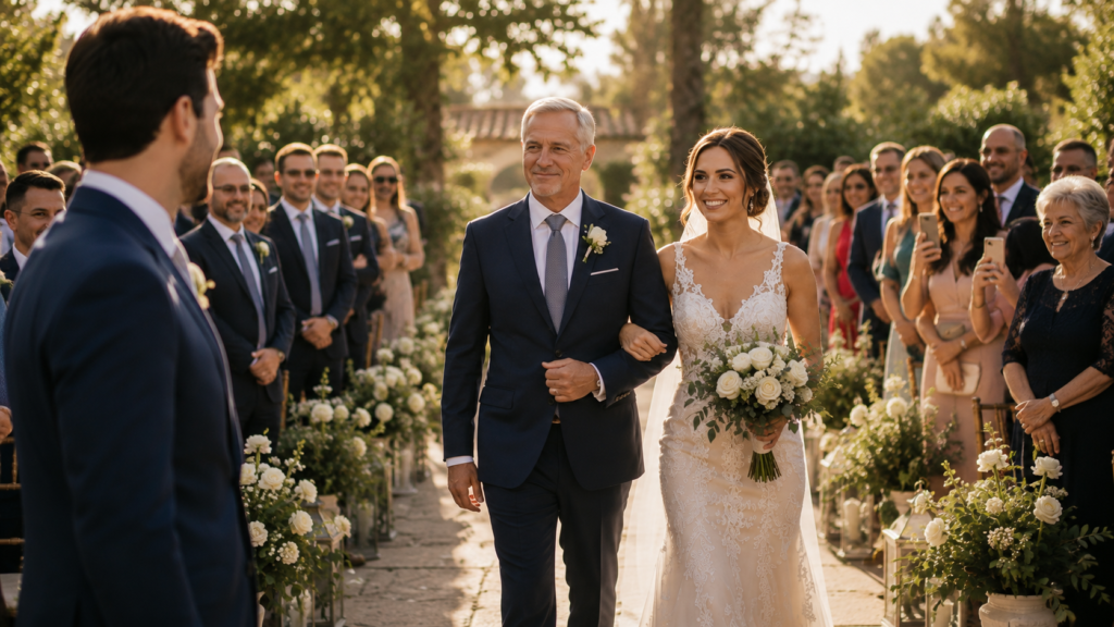 Entrée de la mariée lors de la cérémonie de mariage accompagnée de son père sous le regard ému du futur marié