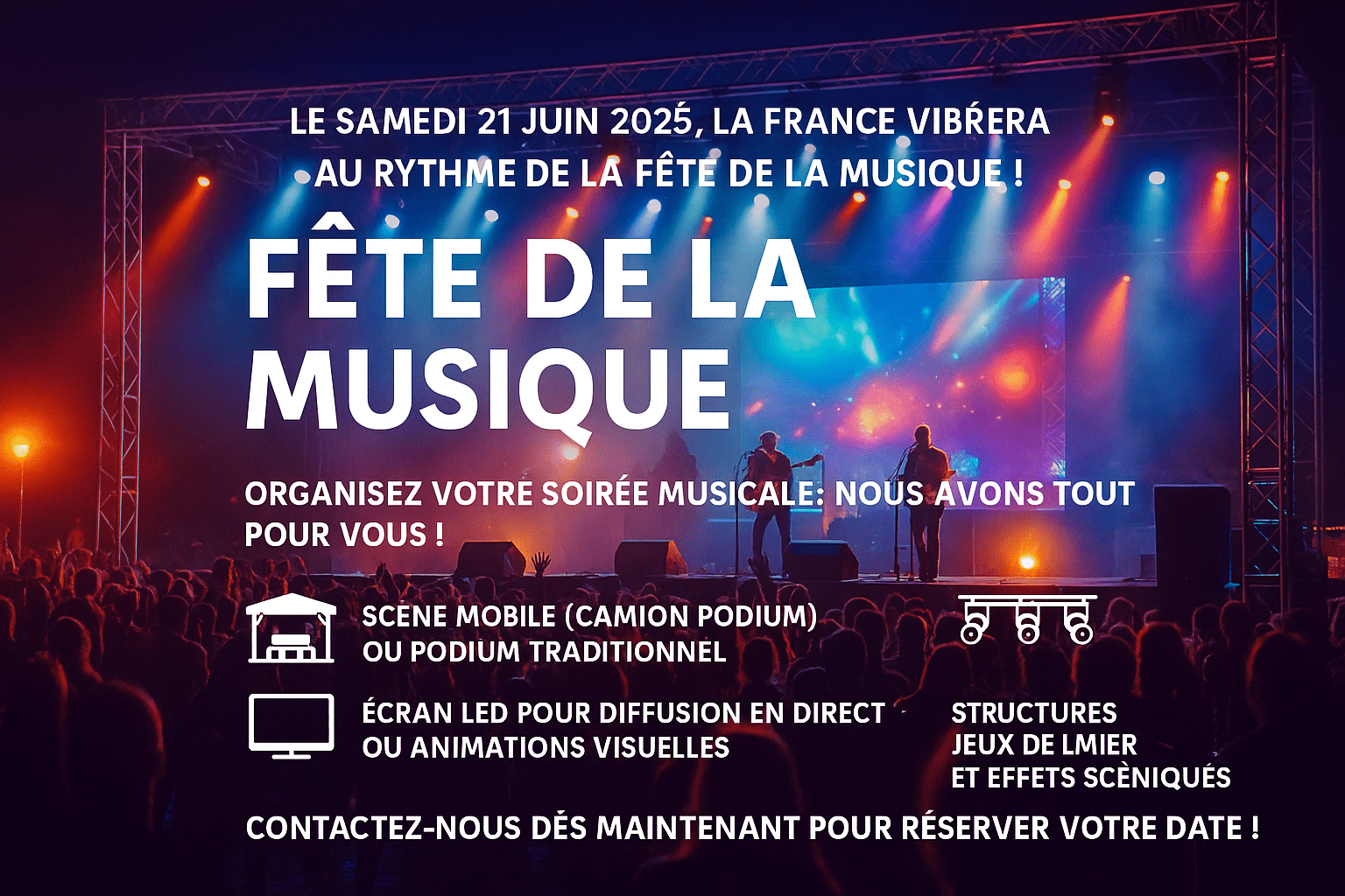 Scène de concert en plein air avec musiciens, foule enthousiaste et éclairages colorés, illustrant la Fête de la Musique 2025 en France.