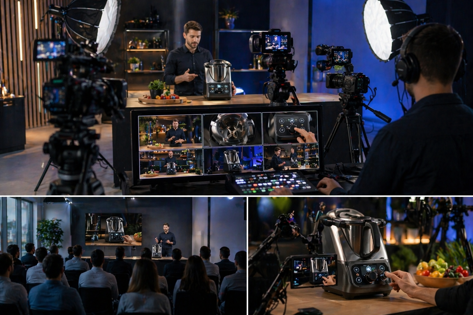 Réunion technique entre organisateur et prestataire audiovisuel préparant une captation multi-caméra pour une présentation produit avec équipements vidéo et régie visibles