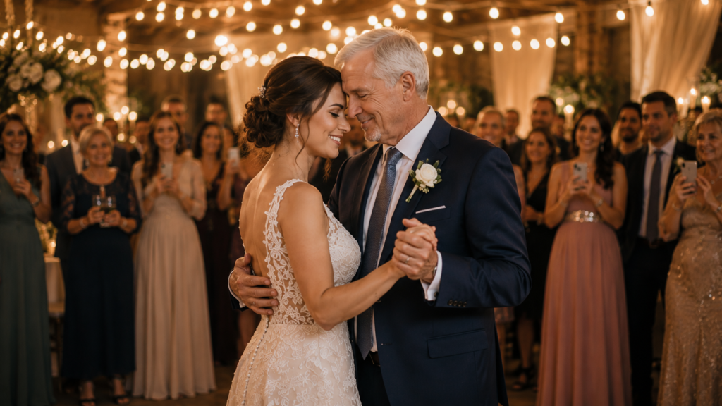 Danse de la mariée avec son père pendant le mariage dans une salle de réception élégante et chaleureuse