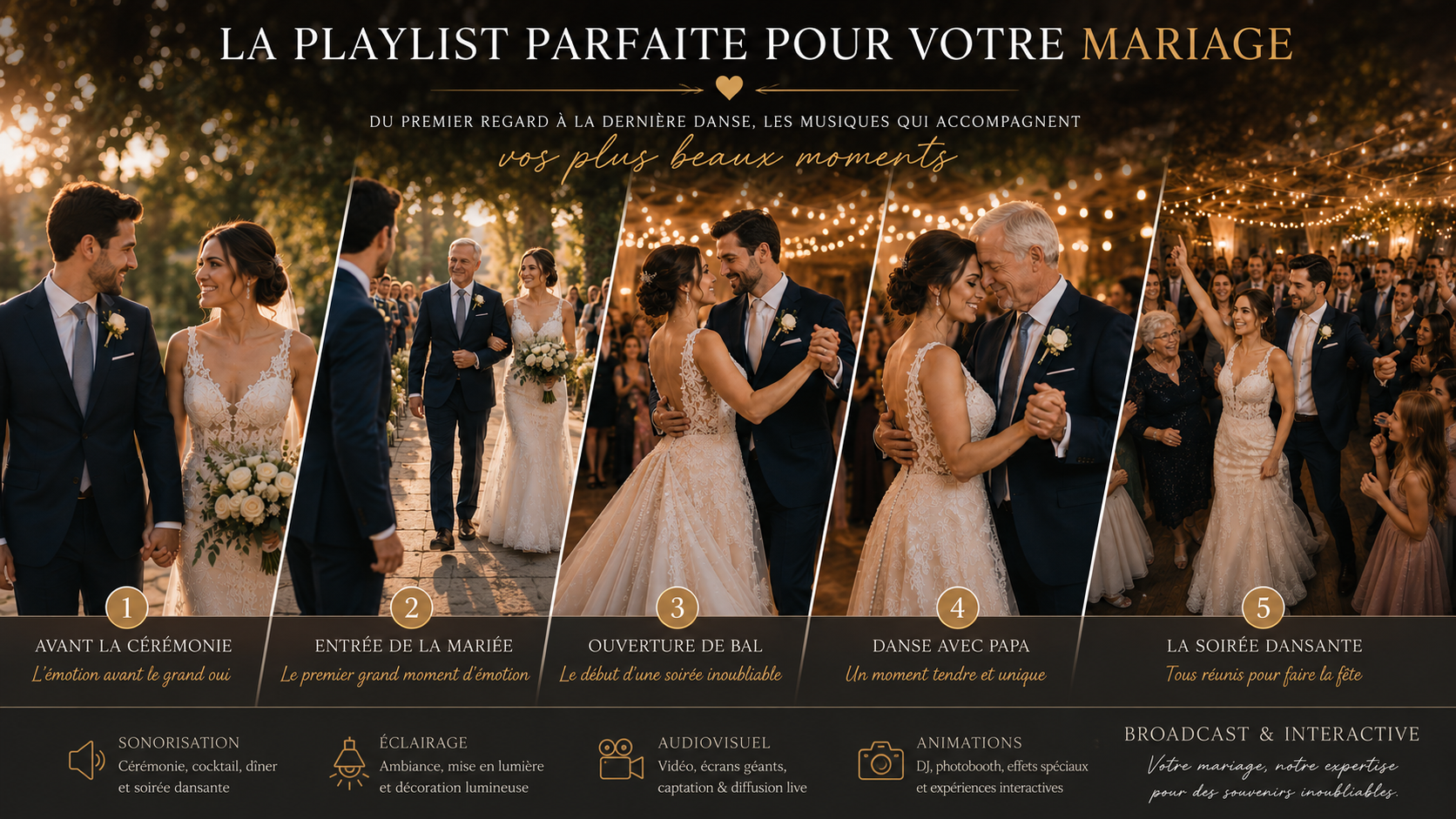 Couple de mariés vivant les plus beaux moments de leur mariage de la cérémonie à la soirée dansante