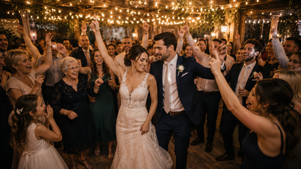 Mariés et invités sur la piste de danse lors de la soirée de mariage dans une ambiance festive et élégante