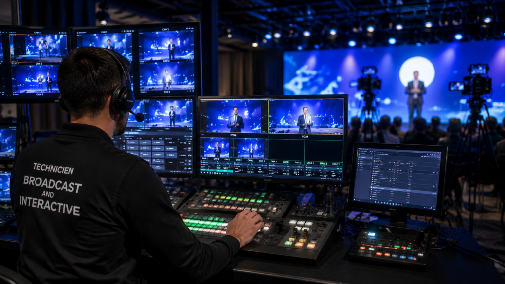 Technicien Broadcast and Interactive pilotant une régie vidéo lors d'une production digitale audiovisuelle pour un événement professionnel avec captation multicaméra et diffusion en direct.