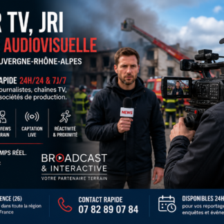 Cadreur TV professionnel réalisant la captation d’un journaliste en direct sur le terrain lors d’un reportage d’actualité. Service de reportage TV, duplex, prise de vues et captation audiovisuelle à Valence, dans la Drôme et en région Auvergne-Rhône-Alpes.