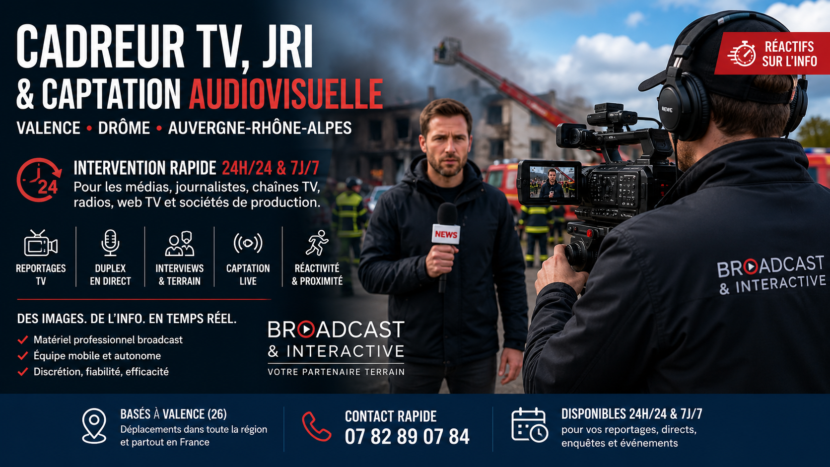 Cadreur TV professionnel réalisant la captation d’un journaliste en direct sur le terrain lors d’un reportage d’actualité. Service de reportage TV, duplex, prise de vues et captation audiovisuelle à Valence, dans la Drôme et en région Auvergne-Rhône-Alpes.