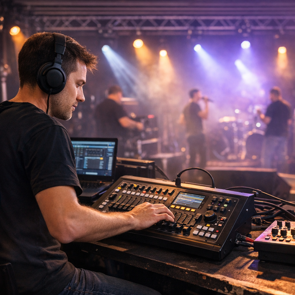 Technicien lumière utilisant une console DMX lors d’un événement avec éclairage scénique et régie audiovisuelle professionnelle.