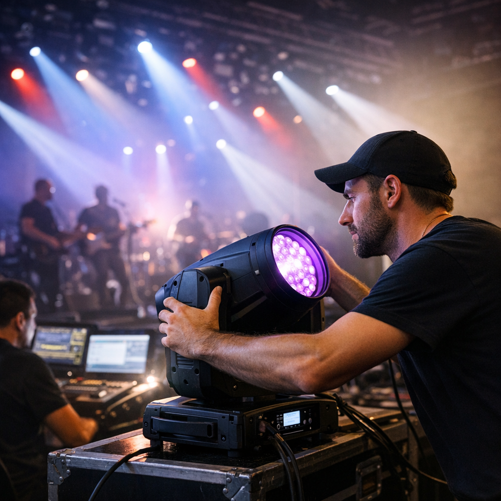 Light jockey Broadcast and Interactive réglant une lyre LED avec pilotage DMX 512 sur une scène de spectacle