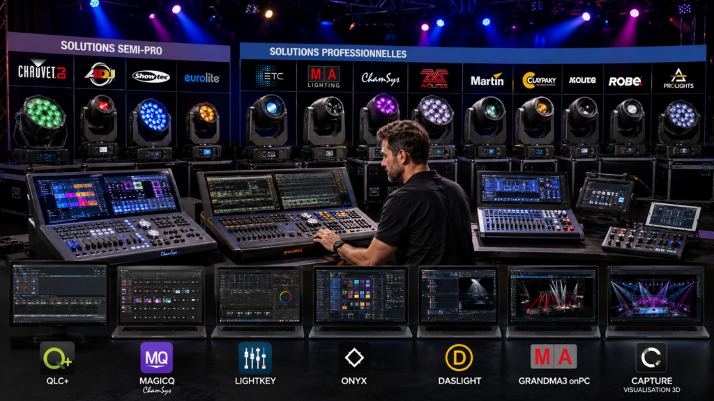 Technicien lumière en train de calibrer un système d'éclairage professionnel avec consoles DMX, projecteurs LED motorisés et logiciels de programmation dans un environnement de spectacle.