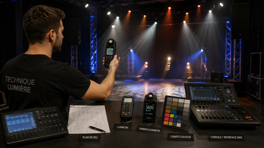 Technicien lumière utilisant un luxmètre devant une scène équipée de projecteurs LED et d'une console DMX pour calibrer un système d'éclairage professionnel.