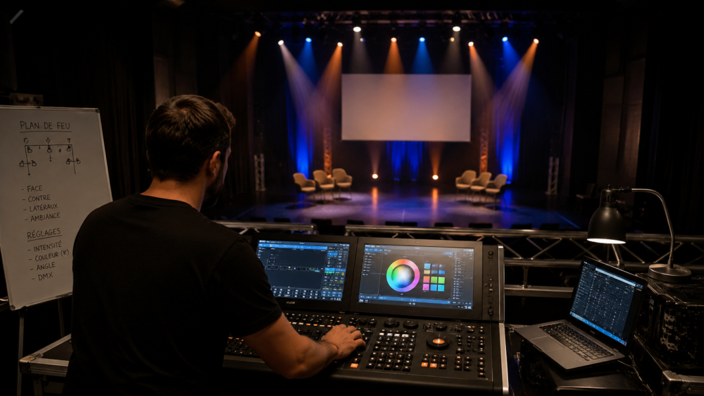 Projecteurs LED, régie lumière et scène professionnelle pour expliquer les bases du calibrage lumière