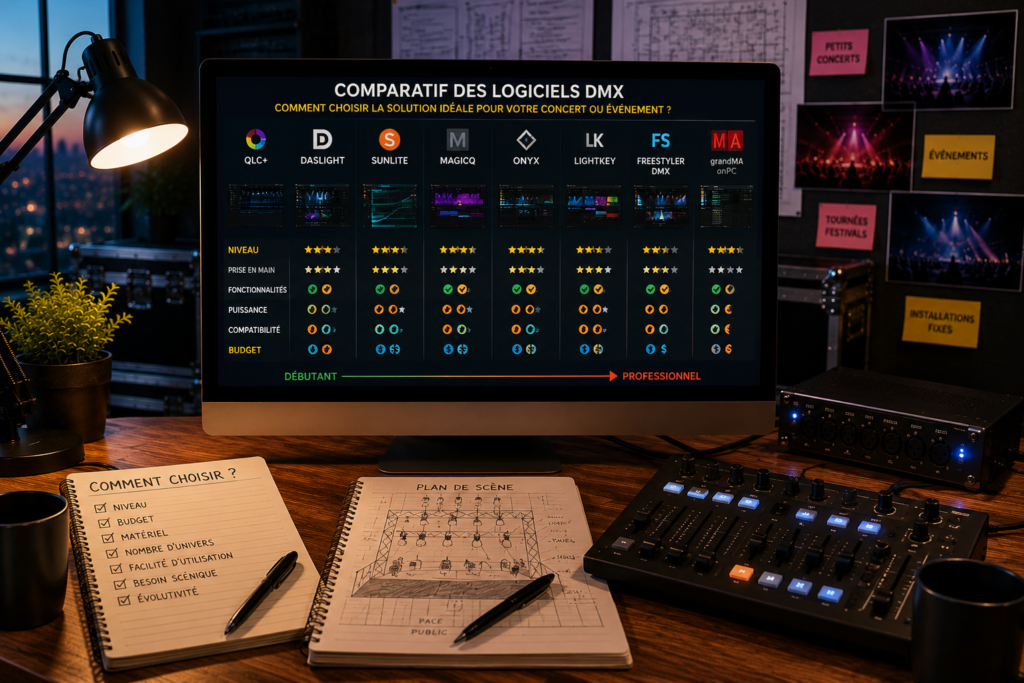 Comparatif de logiciels DMX sur un poste de programmation lumière avec interface de contrôle, plans de scène et environnement de régie pour préparer un concert ou un événement professionnel.