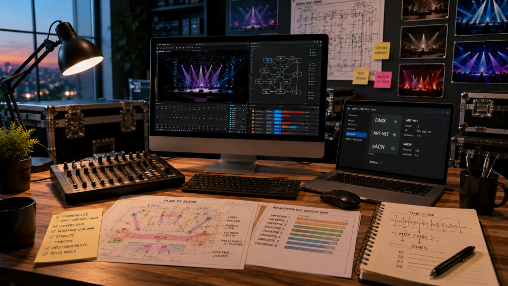 Poste de programmation d'un logiciel d'éclairage pour concert avec compatibilité DMX, Art-Net et sACN, plans de scène, interface USB DMX et préparation technique d'une régie lumière professionnelle.
