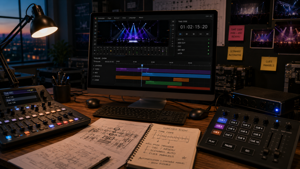 Logiciel DMX avec gestion du timecode, déclenchements MIDI, OSC et réseau sur un poste de programmation lumière pour concert et spectacle professionnel.