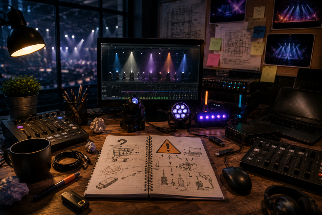 Bureau de préparation d'une régie lumière avec logiciel DMX, interface USB, plans de scène et matériel technique illustrant les bonnes pratiques avant de choisir une solution de pilotage d'éclairage.