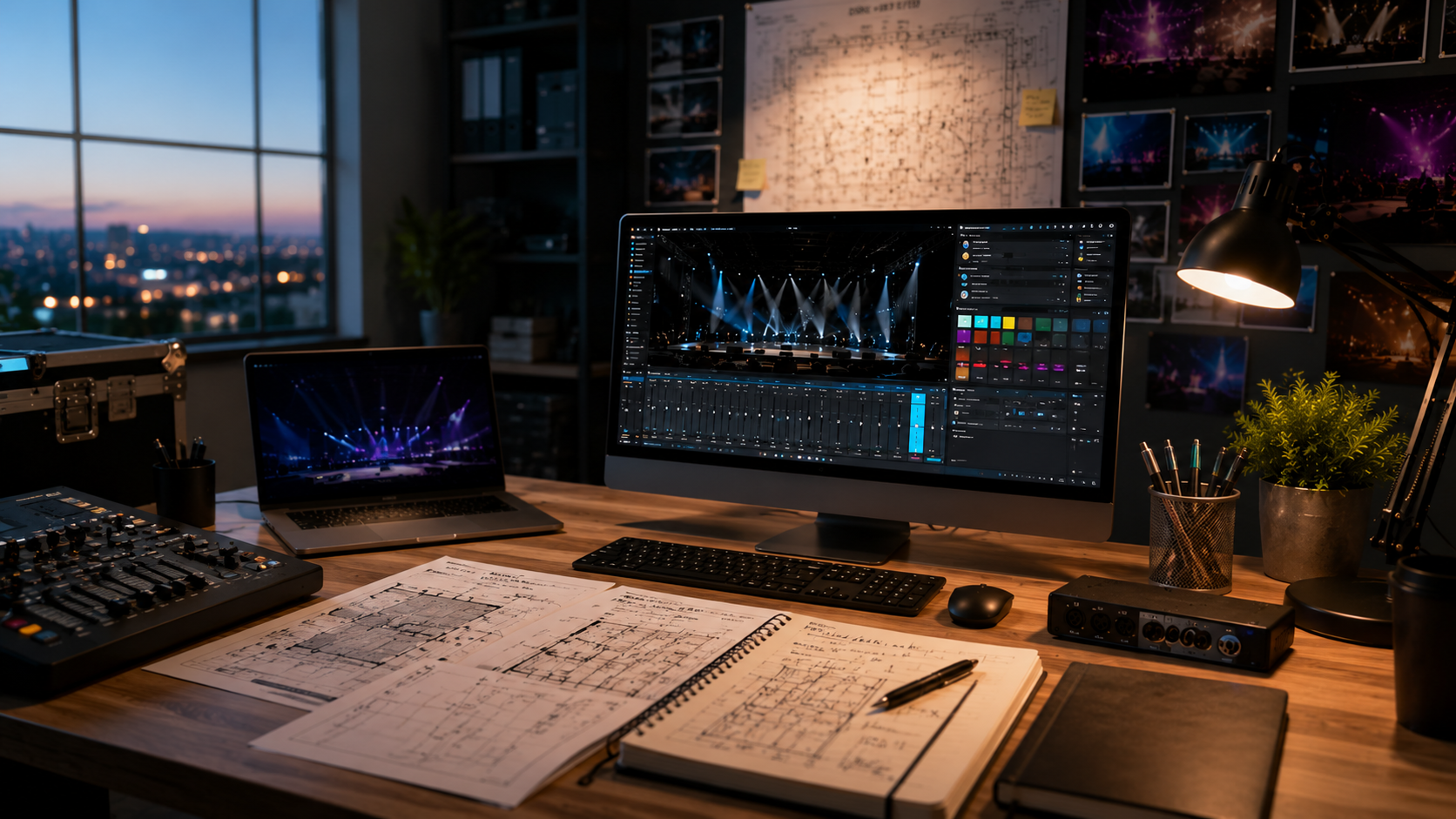Logiciel d'éclairage pour concert affiché sur un poste de travail avec plans de scène, interface USB DMX et bureau de préparation d'un spectacle événementiel.