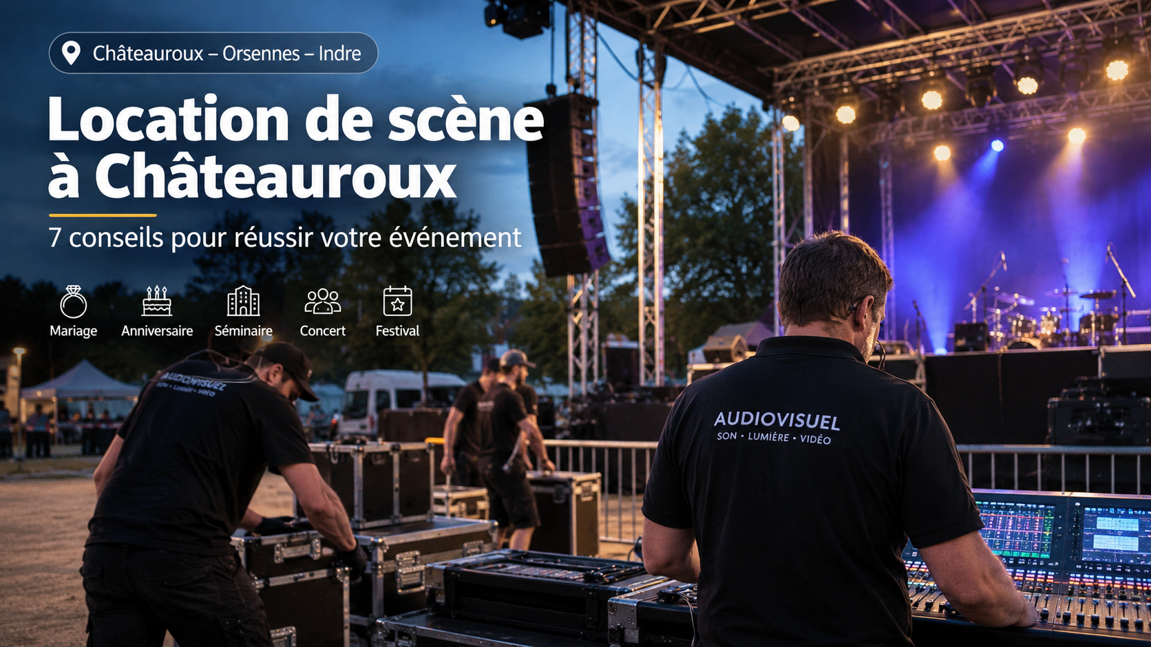Location de scène à Châteauroux avec techniciens préparant une installation événementielle