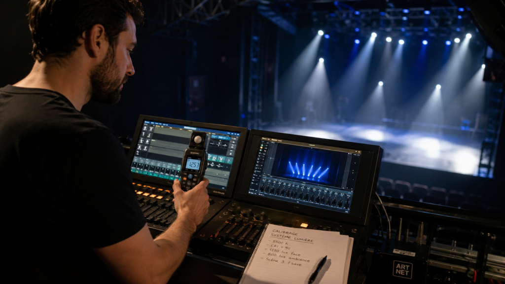 Calibrage d'un système lumière professionnel avec un régisseur lumière utilisant un luxmètre et une console DMX pour mesurer et ajuster l'éclairage d'une scène.